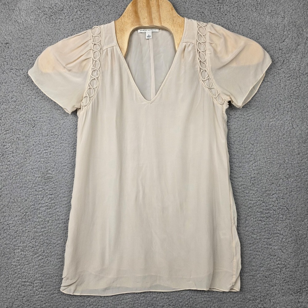 Banana Republic Blouse Womens Small Beige Silk Puff‎ Sleeve V Neck Top Dressy